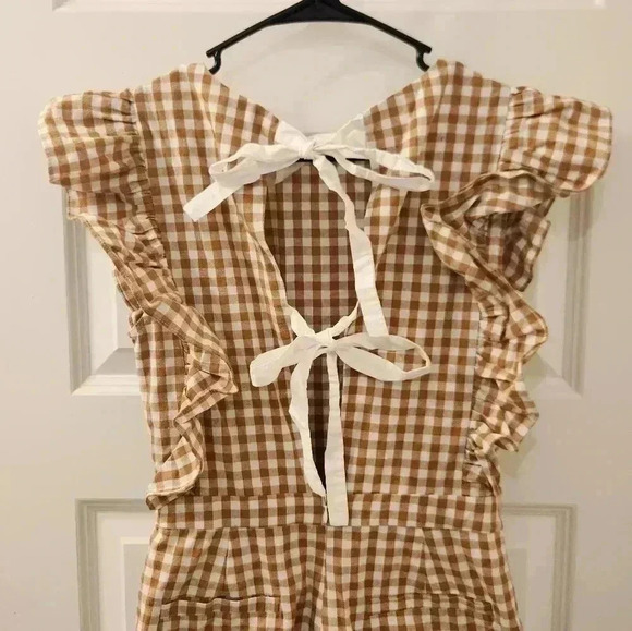 English Factory Brown/ White Plaid Ruffle Short Sleeves Jumpsuit Tie Back Size S - Picture 5 of 7